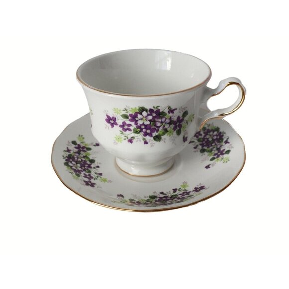 Teacup and Saucer Vintage Queen Anne Tea Cup Saucer Fine Bone China England Purp - Picture 1 of 6